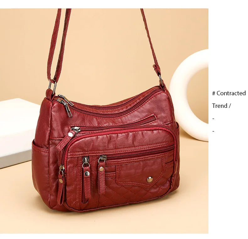 Fashionable Four Seasons Soft Leather Multi Pocket Cross Bags, Multi Layer Zipper Pouch Single Shoulder Bag for Women Daily Use