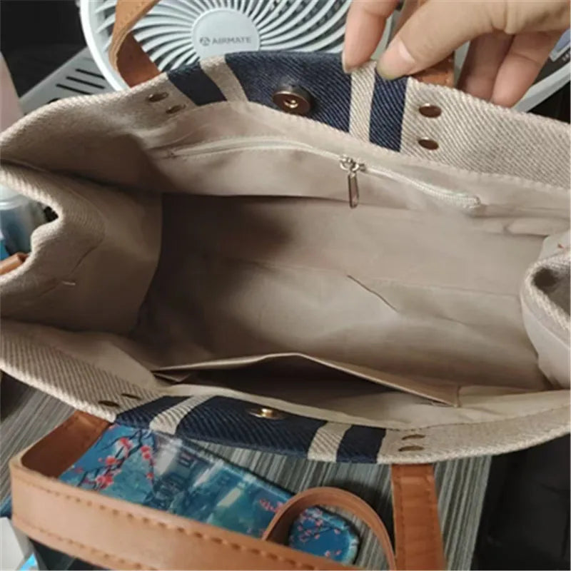 Stylish Women'S Canvas Tote Bag, Black Blue Striped Design Handbag Shoulder Bag for Work, School, Shopping, Beach Outings & Gym