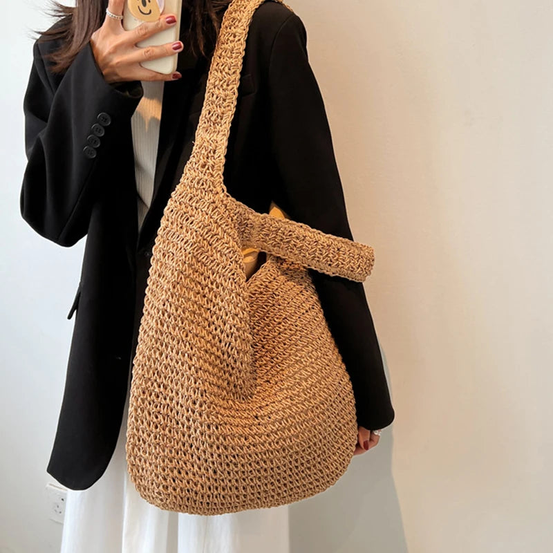 Women Large Capacity Shoulder Bags Handmade Straw Woven Fashion Travel Shopper Totes Ladies Bohemis Designer Casual Handbags