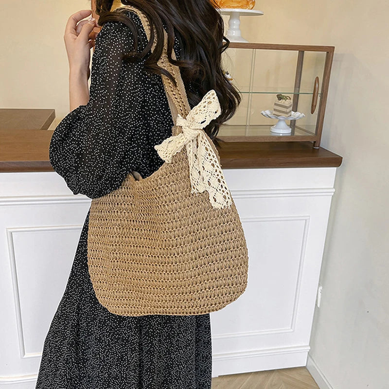 Fashion Straw Women Shoulder Bags Paper Woven Female Handbags Large Capacity Summer Beach Straw Bags Casual Tote Purses