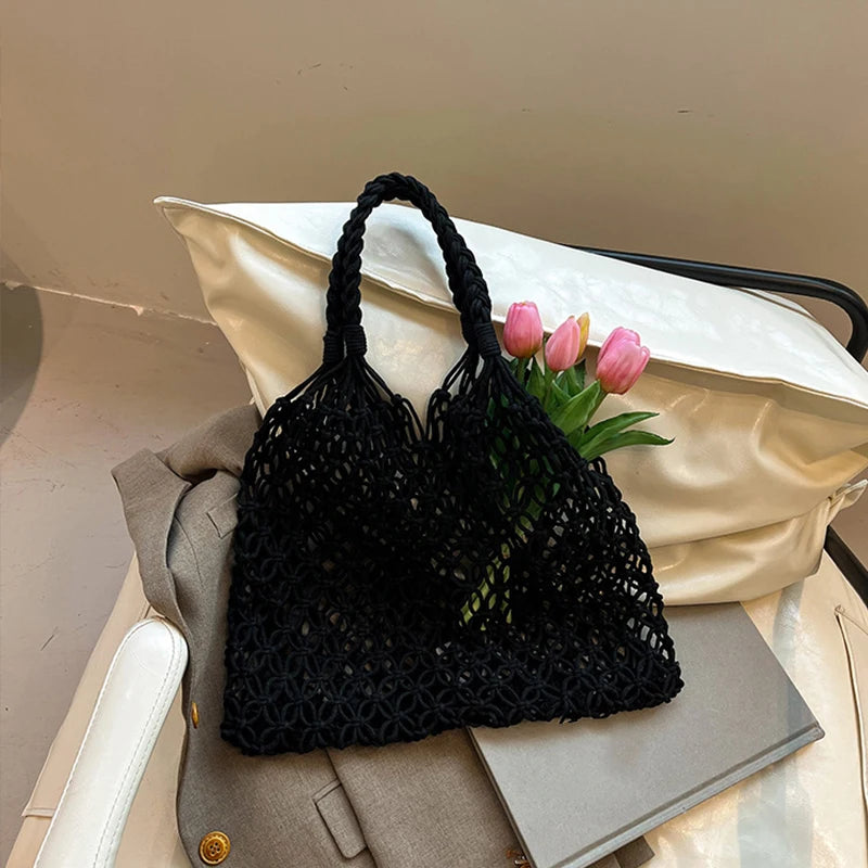 Hand-Woven Bag Women Handmade Hollow Handbag Female Shoulder Bag Big Capacity Summer Casual Travel Beach Tote Purse