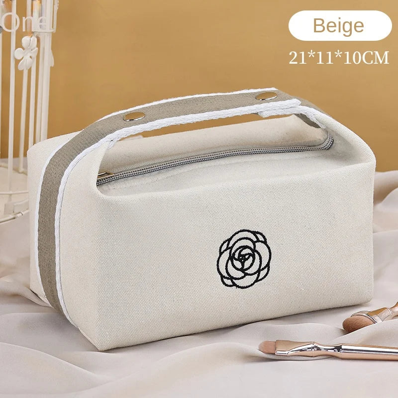 Premium Handheld Portable Camellia Canvas Makeup Bag for Travel Large Capacity Toiletries Cosmetics Skincare Storage Bag