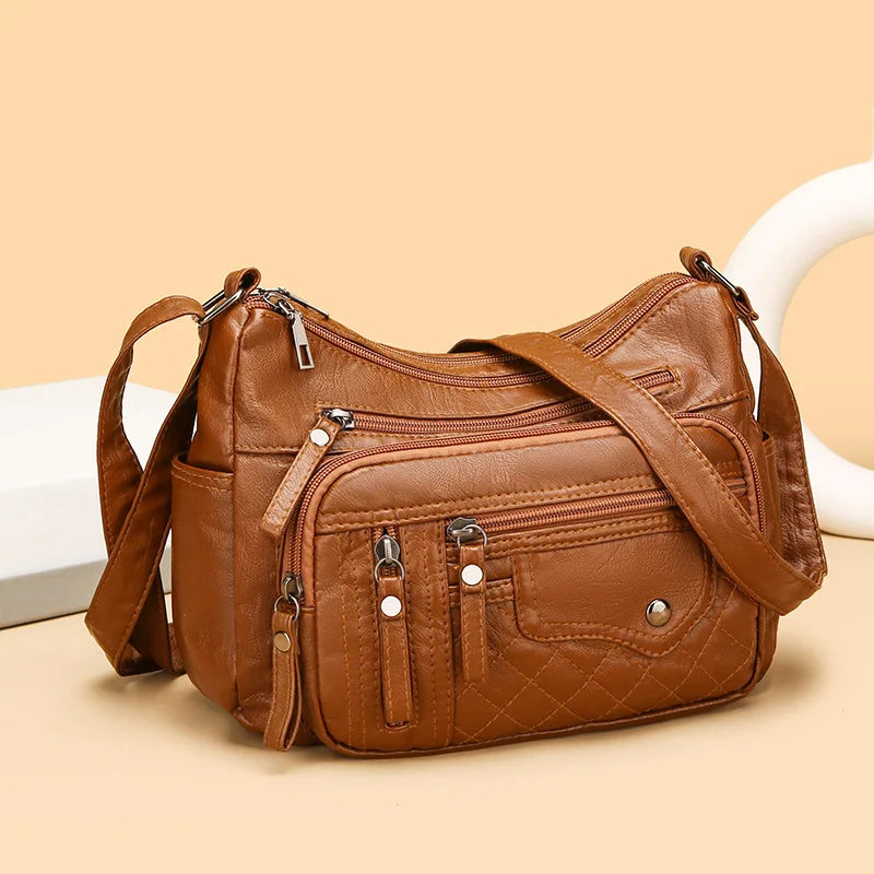 Fashionable Four Seasons Soft Leather Multi Pocket Cross Bags, Multi Layer Zipper Pouch Single Shoulder Bag for Women Daily Use