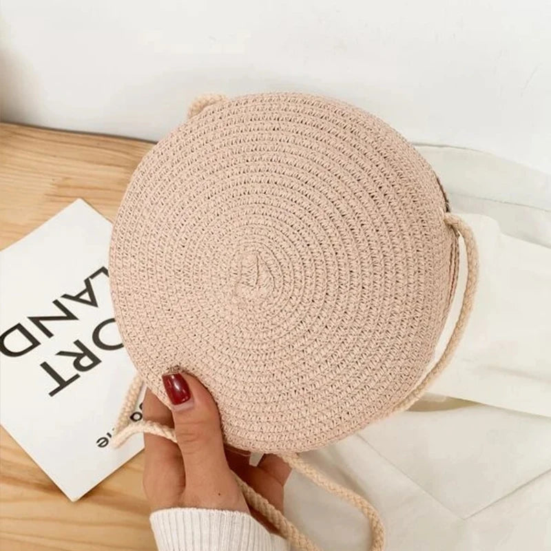 Round Straw Bag Women Woven Beach Crossbody Bag for Ladies Cute Shoulder Rattan Handmade Knitted Candy Color Small Handbag Bolsa