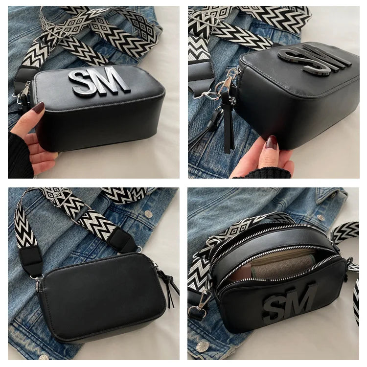 Stylish Versatile Women Single Shoulder Bag, SM Letter Pu Leather Small Square Bag, Leisure Wide Shoulder Strap Cross Body Bags