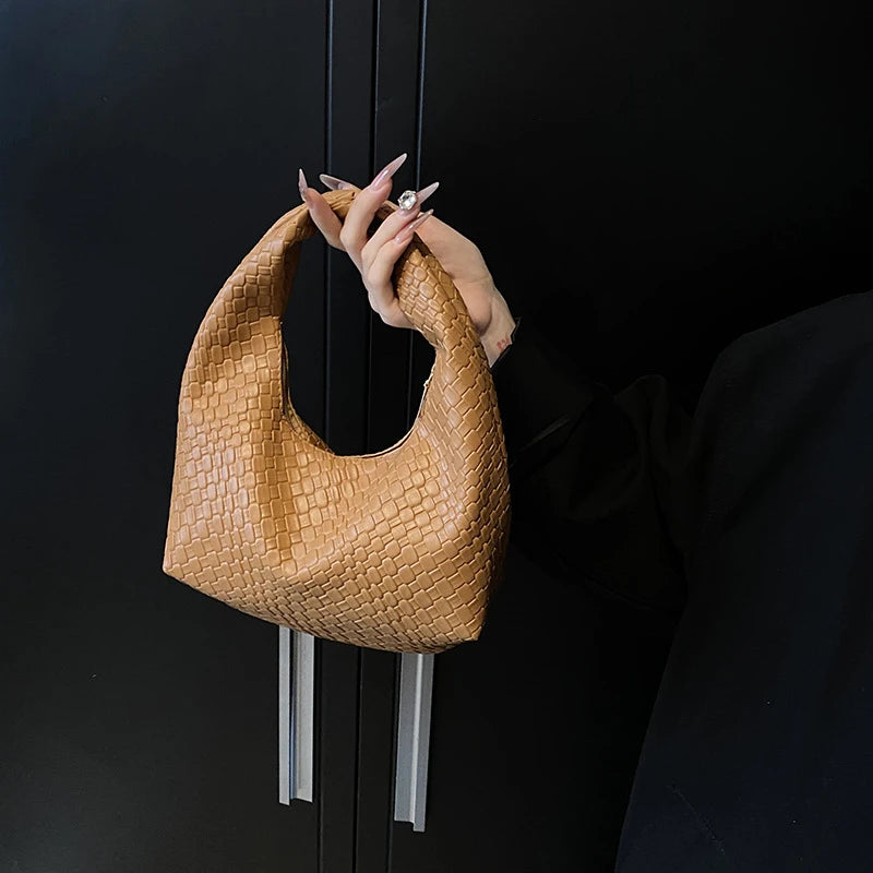 Women Classic Fashion Woven Embossed Hobo Soft PU Leather Small Top-handle Shoulder Bag Casual Daily Handbags