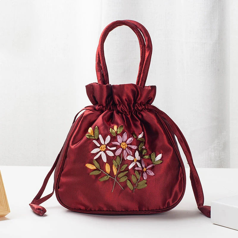 Retro Embroidery Drawstrings Handbags Storage Bags Women Purse Wallets Card Holder Bucket Shoulder Bag Wrist Bags