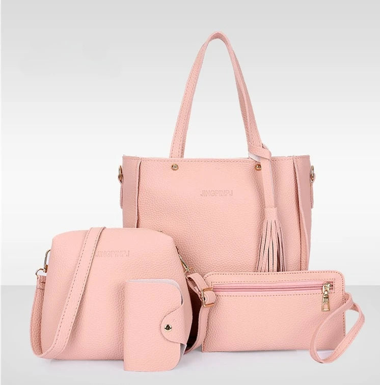 4pcs/set Tassel Bucket Women's Handbag Stylish Crossbody Bag Clutch and Wallet, Solid Color PU Shoulder Bags for Women Daily Use