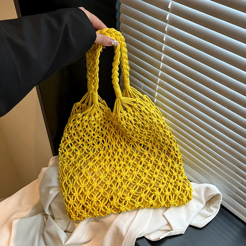 Hand-Woven Bag Women Handmade Hollow Handbag Female Shoulder Bag Big Capacity Summer Casual Travel Beach Tote Purse