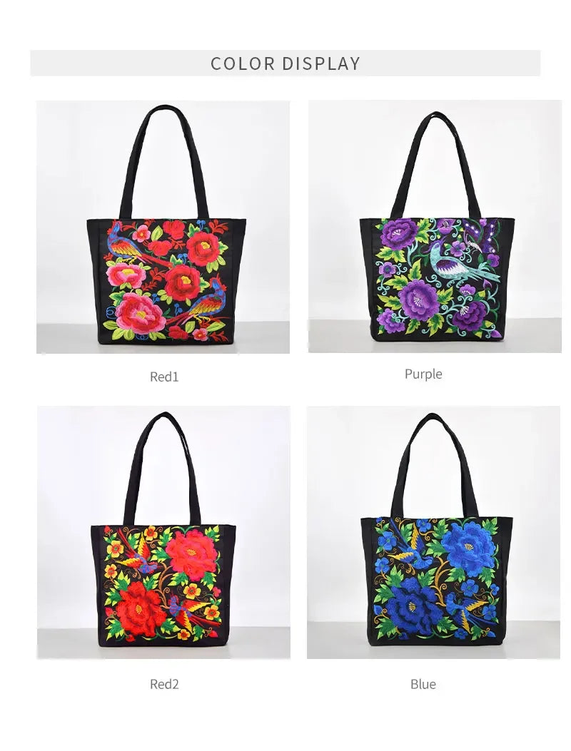 Ethnic Style Embroidery Shoulder Bag Large Capacity Literary Canvas Bag Retro Peony Tote Shopping Bag