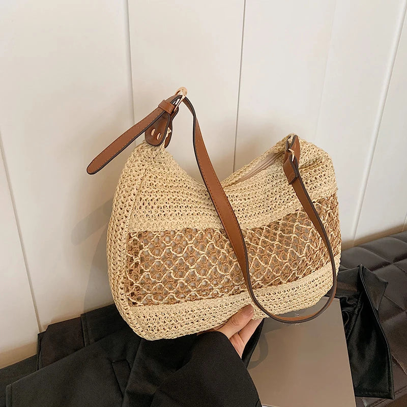 Women Hollow Shoulder Bag Large Capacity Straw Weaving Travel Handbag Adjustable Strap Shopper Tote Bag