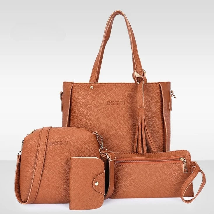 4pcs/set Tassel Bucket Women's Handbag Stylish Crossbody Bag Clutch and Wallet, Solid Color PU Shoulder Bags for Women Daily Use