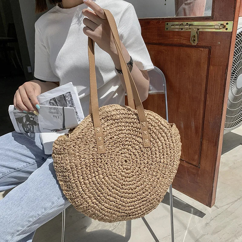 Summer Round Straw Bags for Women Rattan Shoulder Bag Travel Handmade Woven Beach Handbags Female Large Capacity Totes Bag