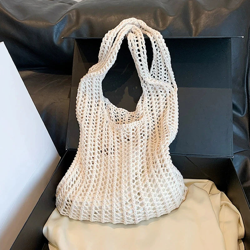 Summer Knitted Hollow Underarm Bag Women's Large Capacity Shopper Tote Bag Simple Design Casual Travel Handbags