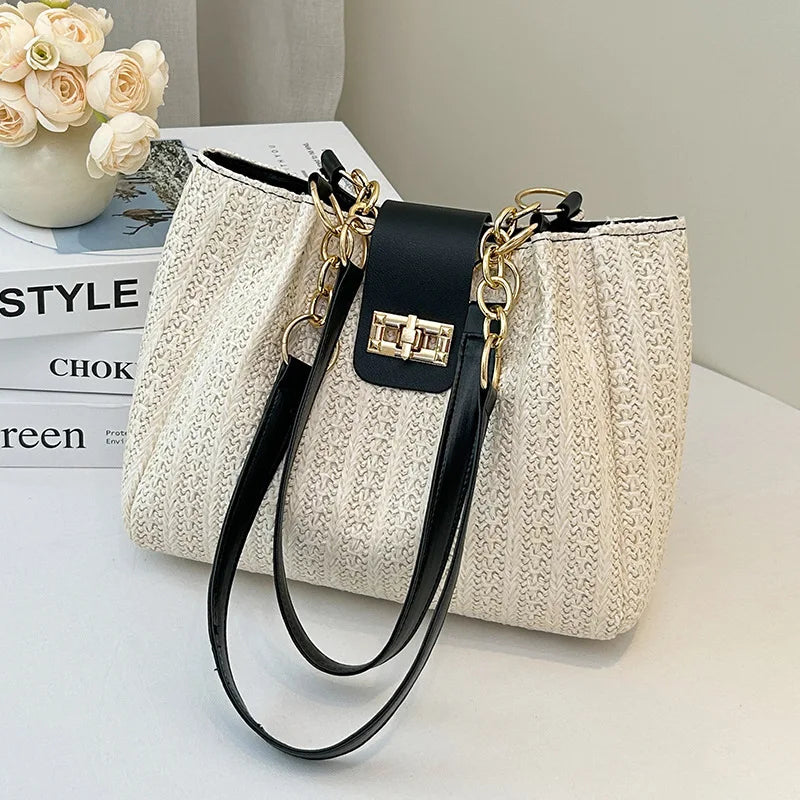 Elegant Women's Woven Fabric Shoulder Bag with Adjustable Chain Strap Front Flap Button Closure Professional Use, Woven Handbag