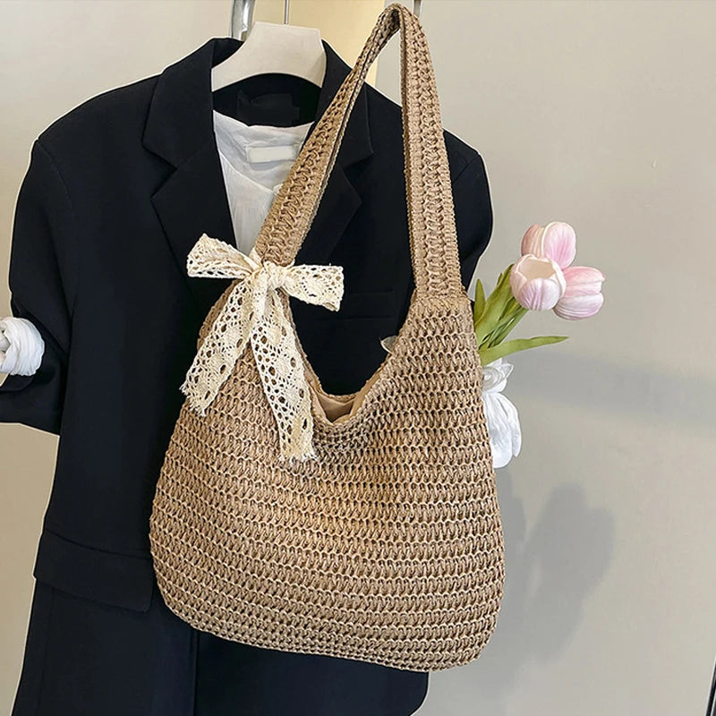 Fashion Straw Women Shoulder Bags Paper Woven Female Handbags Large Capacity Summer Beach Straw Bags Casual Tote Purses