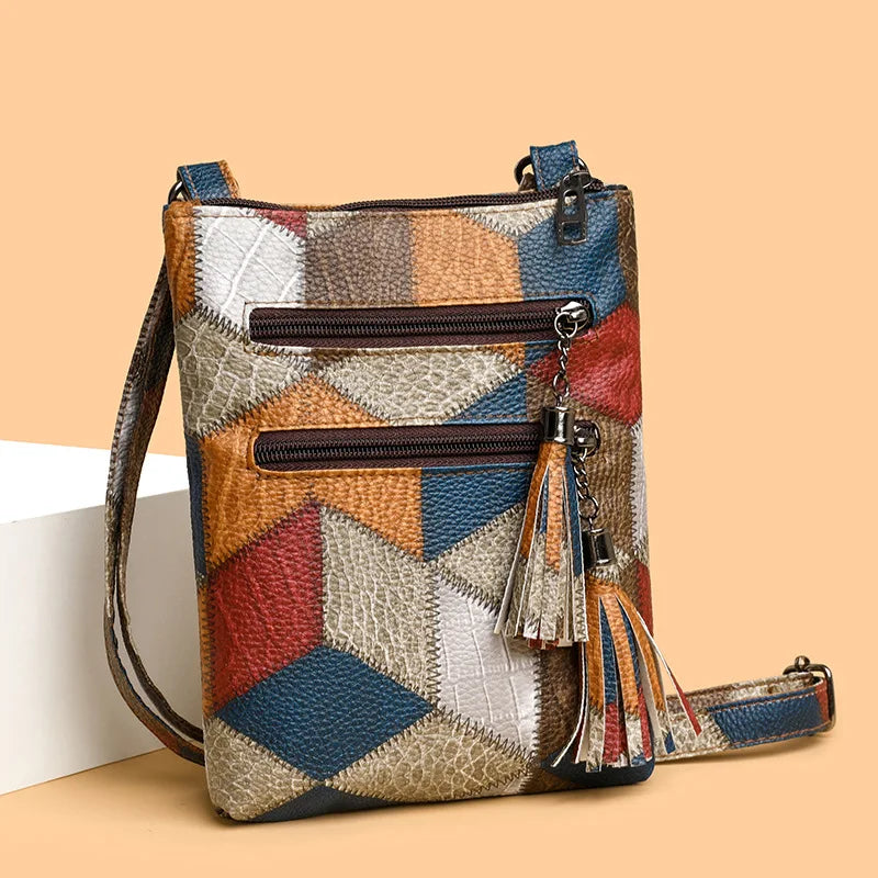 Retro PU Soft Leather Multi Pocket Handbag Shoulder Bag with Color Blocking Plaid Tassel Cross Bags, Mobile Phone Messenger Bag