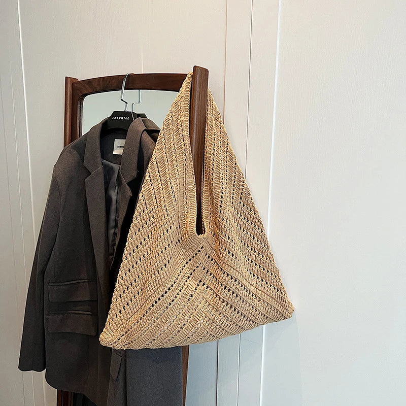 Brand Women Tote Knitting Handbag Triangle Design Woven Beach Bag Lightweight Elegant Portable Shoulder Bag Purse