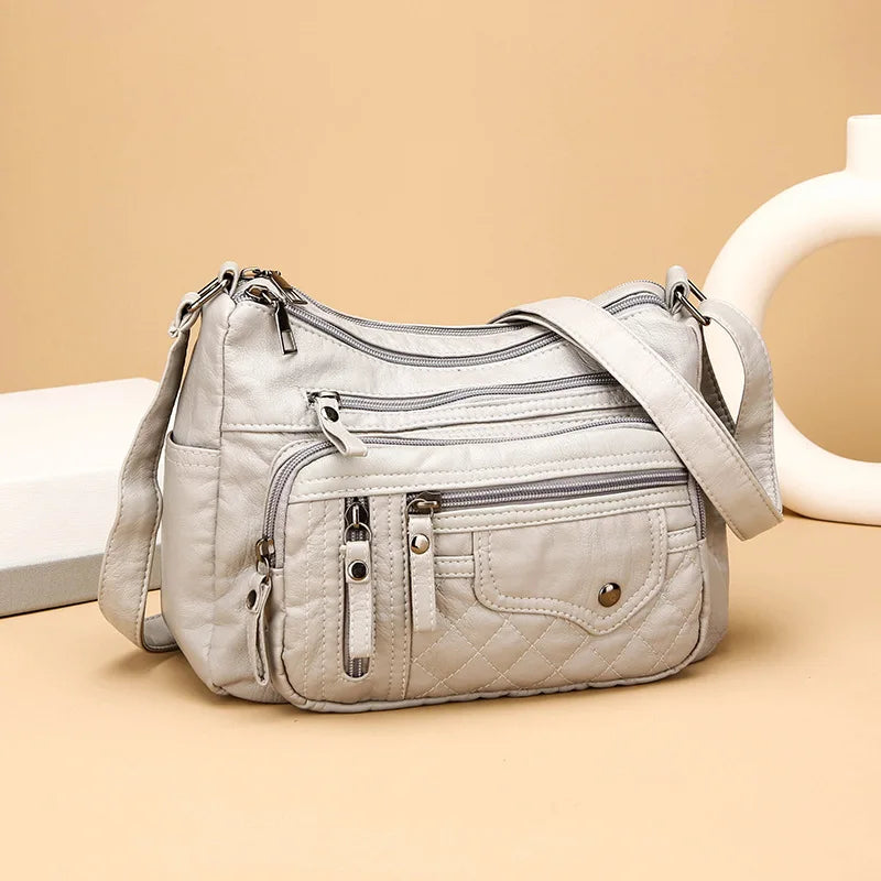 Fashionable Four Seasons Soft Leather Multi Pocket Cross Bags, Multi Layer Zipper Pouch Single Shoulder Bag for Women Daily Use