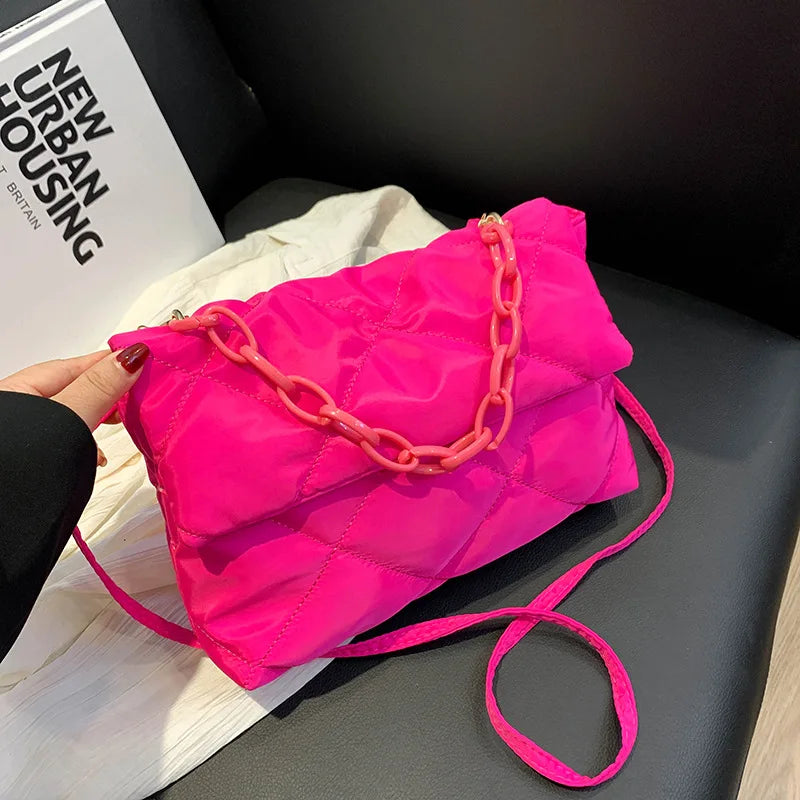 Fashion Chain Crossbody Bags Women Winter Cotton Padded Quilted Shoulder Bags Casual Large Capacity Simple Female Handbags