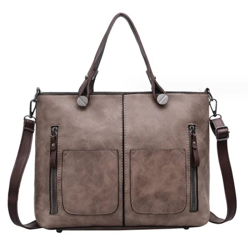 Retro Leather Handbag Shoulder Bag for Women with Double Pocket, Large Capacity, Vintage Lady's Tote Bag, Simple Crossbody Bags