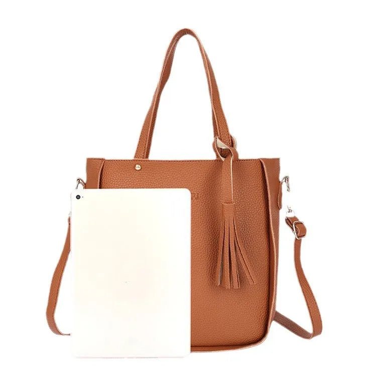 4pcs/set Tassel Bucket Women's Handbag Stylish Crossbody Bag Clutch and Wallet, Solid Color PU Shoulder Bags for Women Daily Use
