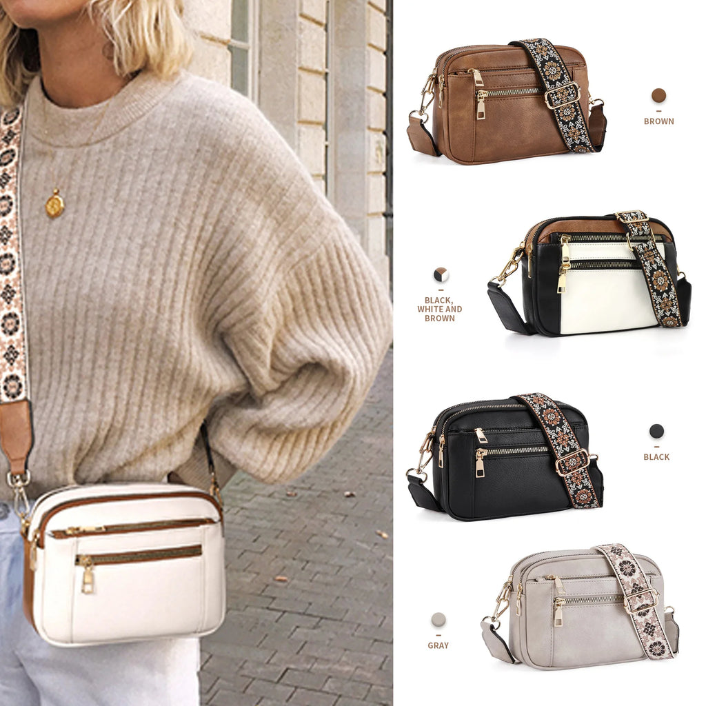 Stylish Wide Shoulder Strap Leather Crossbody Bag States Color Matching Zipper Small Square Shoulder Bag Suitable for Daily Use