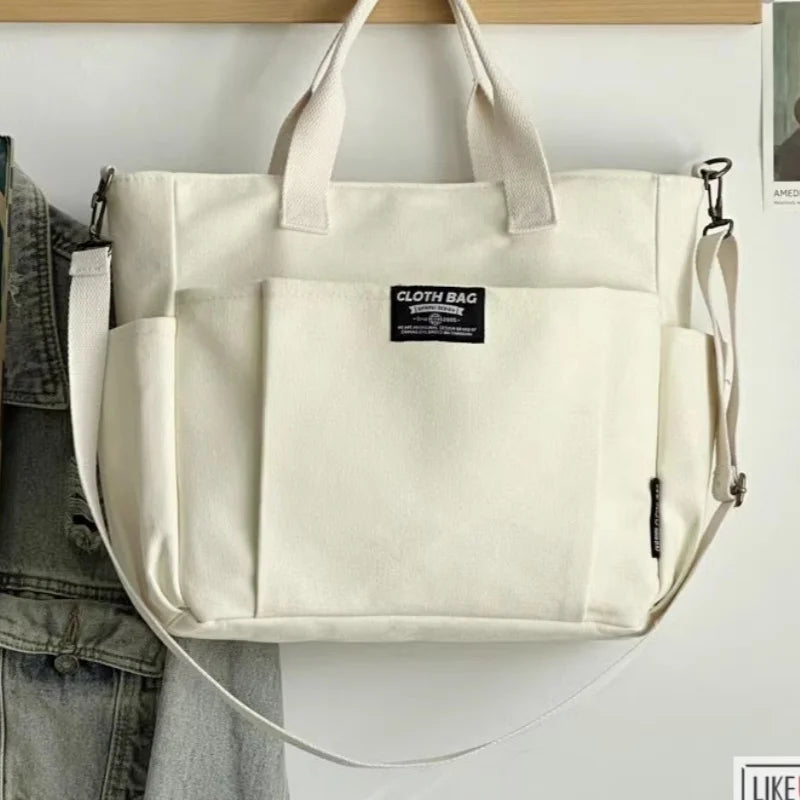 Urban Minimalist Female Student Large Capacity Commuting Horizontal Canvas Single Shoulder Diagonal Cross Portable Tote Bag
