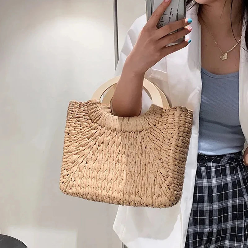 Fashion Lady Straw Woven Basket Handbag Summer Women's Shoulder Bag Bohemia Travel Beach Han made Beach Bucket Shopper Tote
