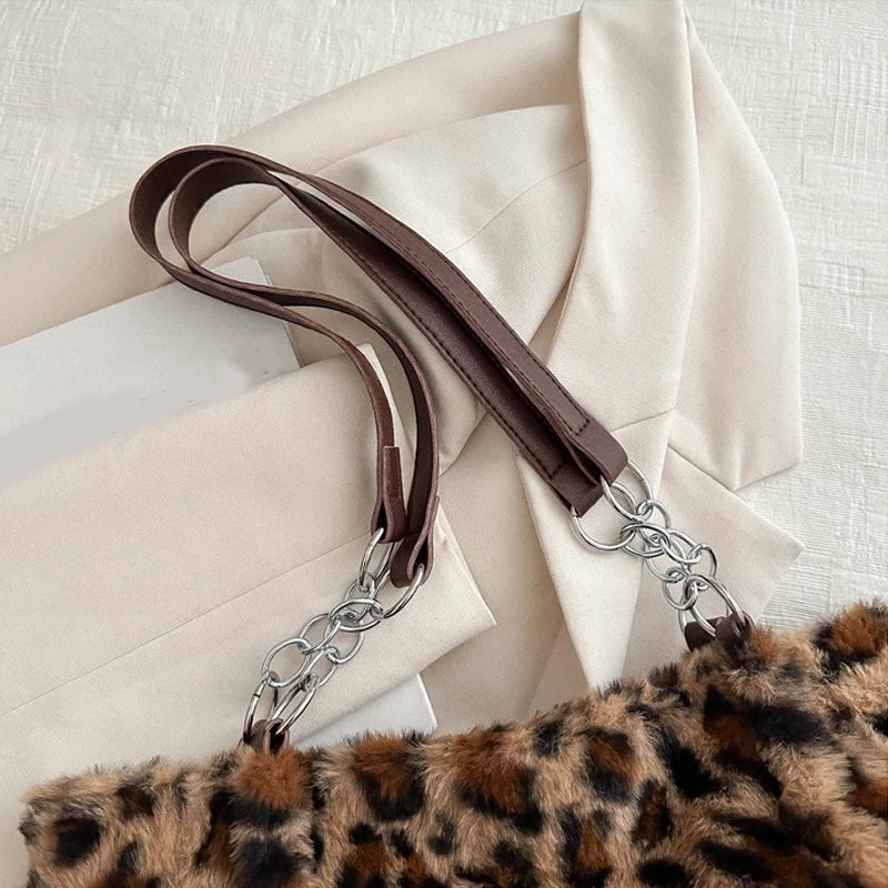 National Style Simple Women Leopard Tote Bag Lady Luxury Fluffy Shoulder Bag Chain Large Capacity Commuter Handle Bag