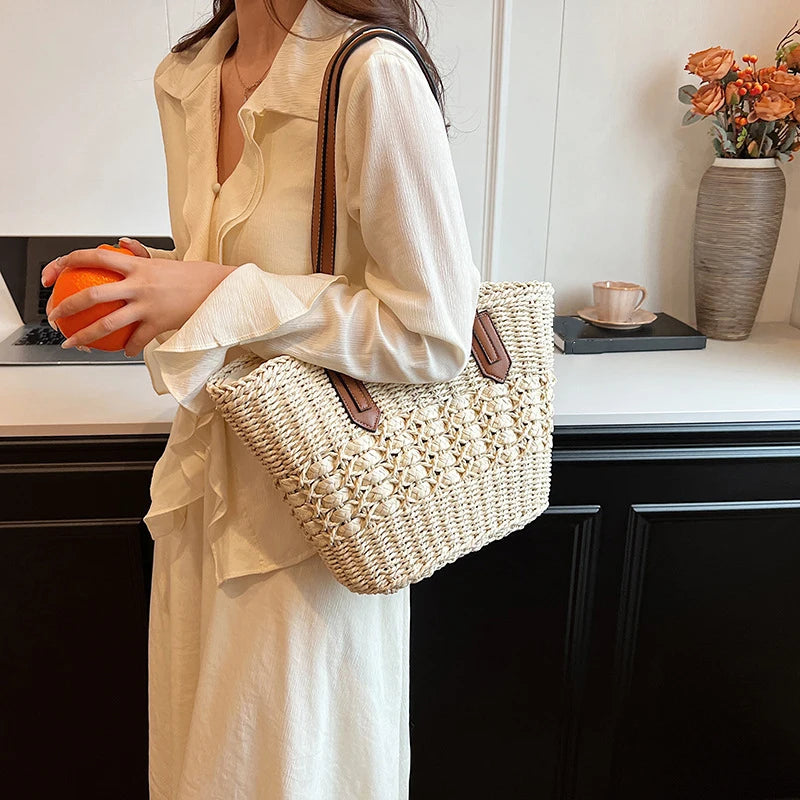 Summer Straw Bags for Women Straw Shoulder Bags Rattan Woven Top Handle Bag Hollow Raffia Crochet Beach Bag Casual Handbags