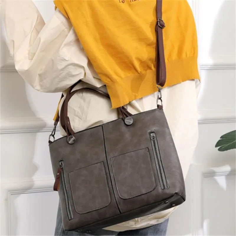 Europe America Retro Leather Handbag Shoulder Bag, Two Pocket Zipper Tote Bag, Classic Crossbody Bags for Women Work Business