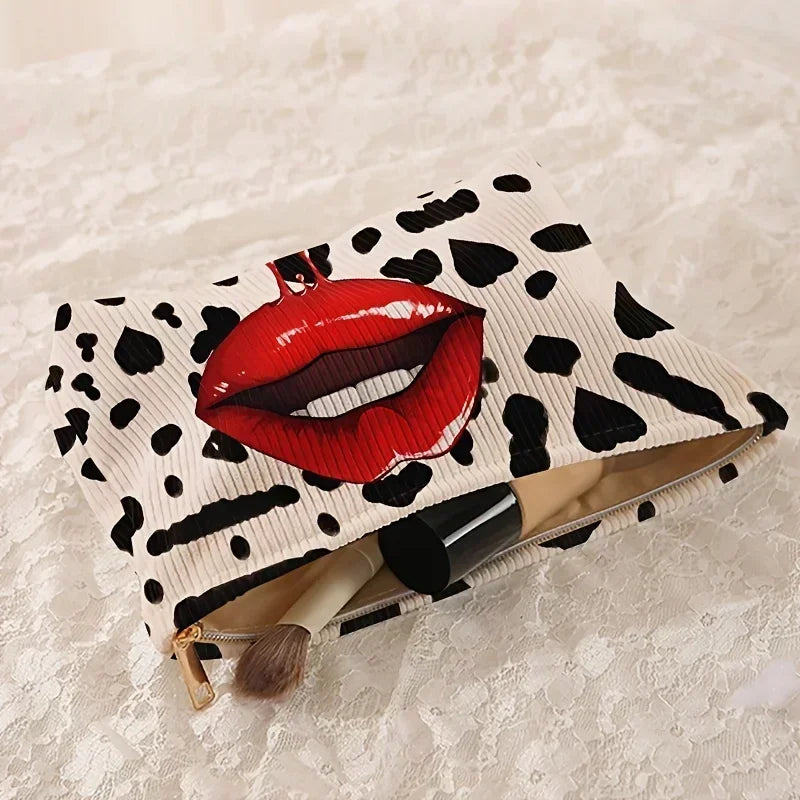 Leopard Print & Red Lips Pattern Cosmetic Bag - Polyester Makeup Pouch with Zipper, Chic Toiletry Organizer, Lined Travel Case