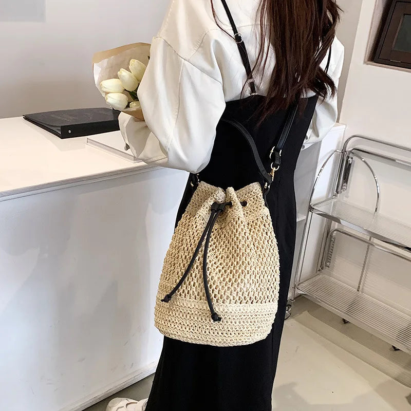 Woven Straw Bag Ladies Bucket Crossbody Bag Summer Beach Bag Retro Travel Shoulder Bags Small Travel Purse and Handbag For Women