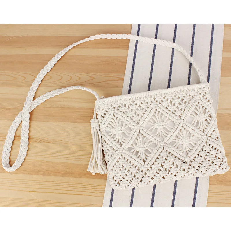 Handmade Bohemian Woven Rope Crossbody Bag with Tassel Detail, Summer Beach Clutch Shoulder Bags for Women, Geometric Design