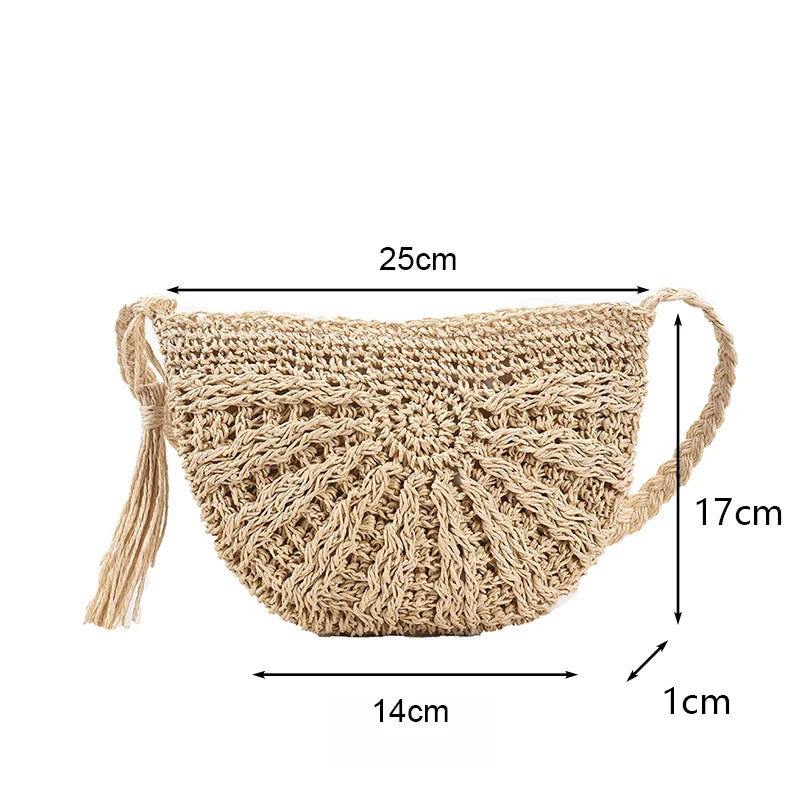 Fashion Semicircle Straw Woven Shoulder Crossbody Bag Travel Small Handbag Ladies Summer Handmade Rattan Tassel Design Beach Bag