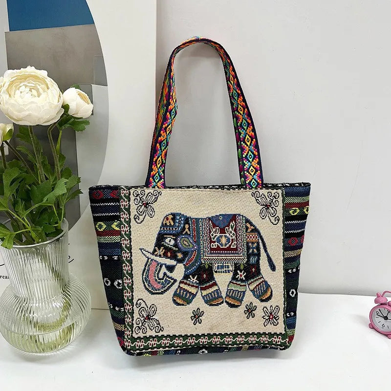 New Ethnic Style Shoulder Bag Office Handbag Student Canvas Embroidery Elephant  Casual Travel Storage Tote Bag For Women