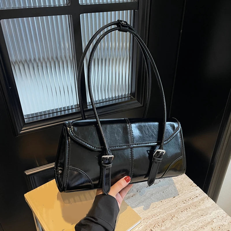 High End Burgundy Oil Wax PU Leather Underarm Bag Elegant Women's Magnetic Buckle Shoulder Bag Commuter Versatile Ladies Tote Ba