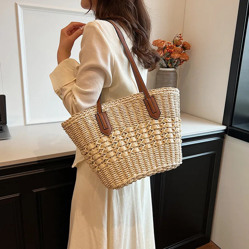 Summer Straw Bags for Women Straw Shoulder Bags Rattan Woven Top Handle Bag Hollow Raffia Crochet Beach Bag Casual Handbags