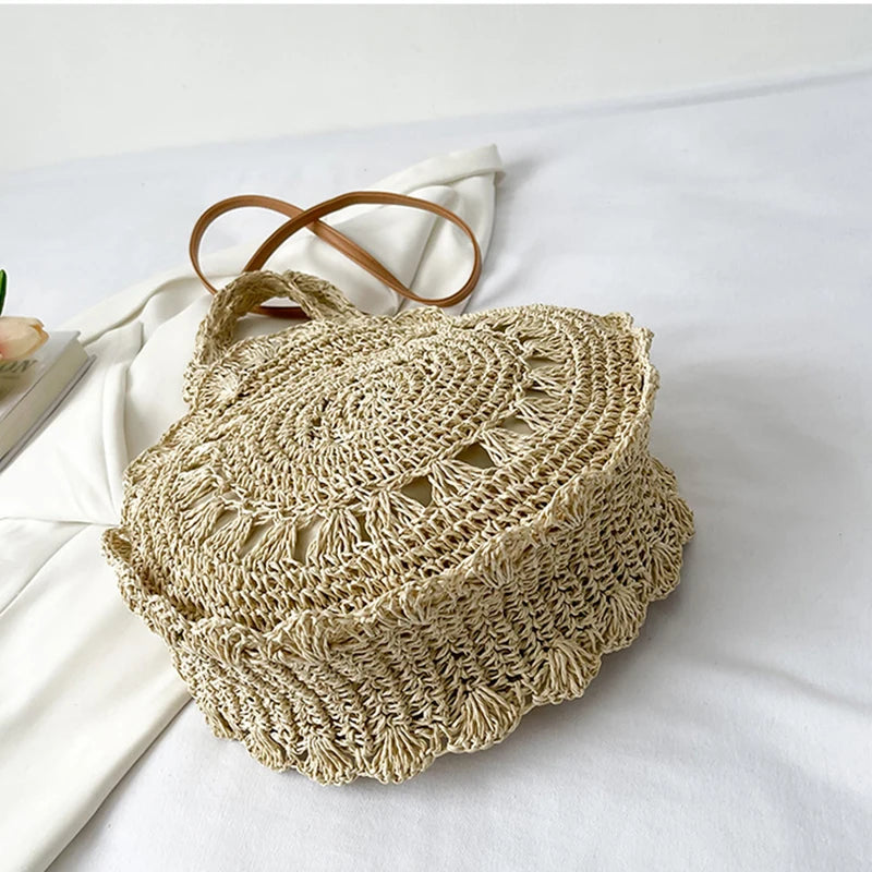 Bohemian Straw Bags for Women Circle Beach Handbags Summer Rattan Shoulder Bags Handmade Knitted Travel Big Totes Bag New