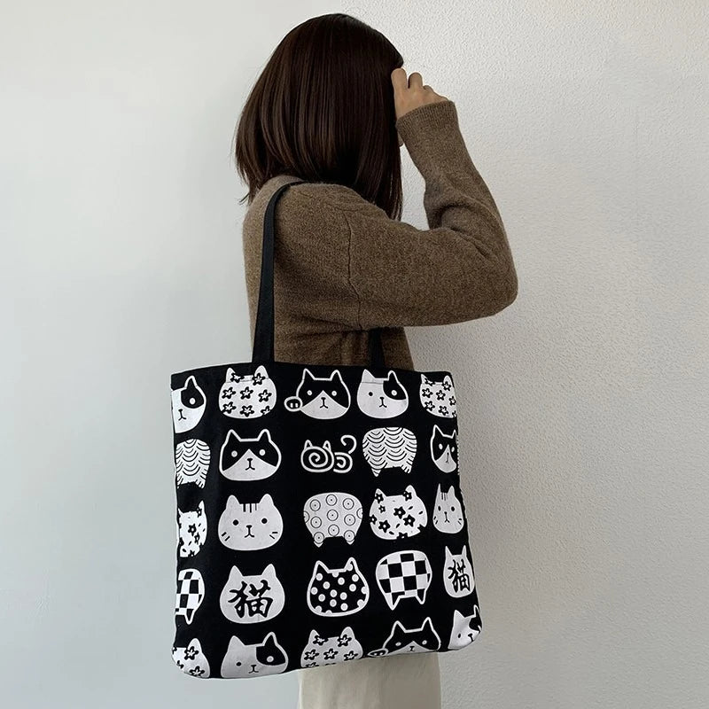 Teen Youth Pattern Canvas Bag, Large Capacity Female Single Handbag Shoulder Bag, Student Literary Artistic Simple Shopping Bag
