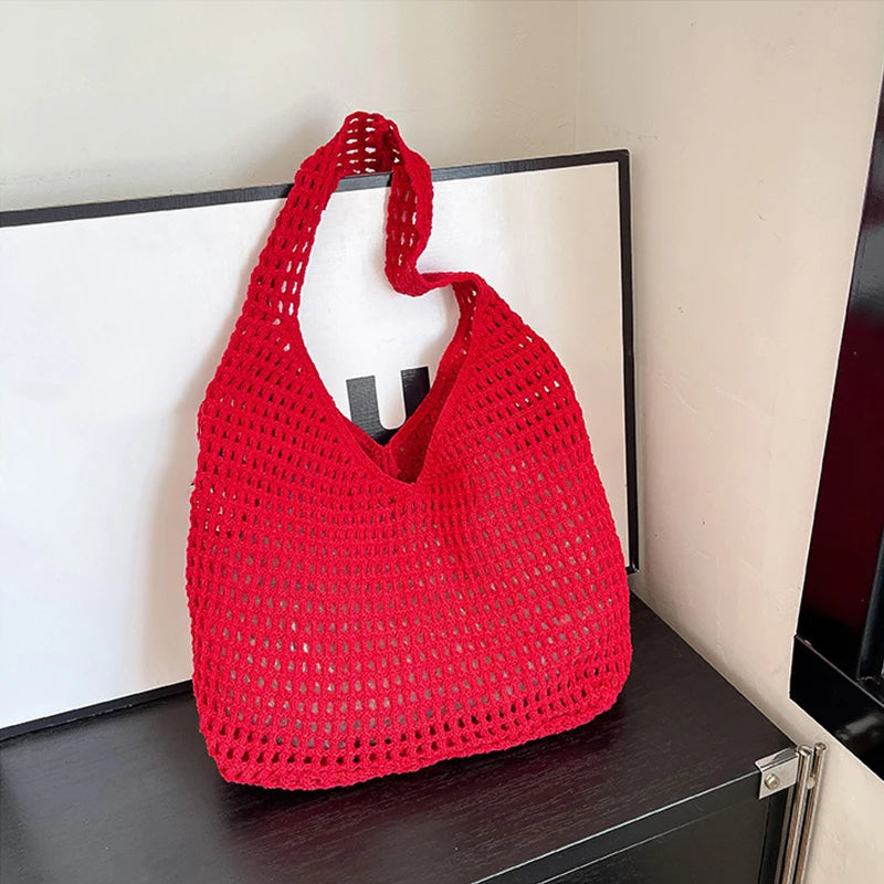 New Sweet Crochet Shoulder Bag Leisure Beach Hollow Out Handbag Women Solid Color Woven Totes Bag For Travel