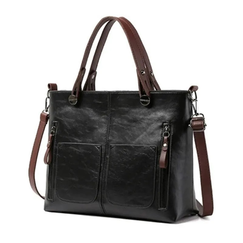 Retro Leather Handbag Shoulder Bag for Women with Double Pocket, Large Capacity, Vintage Lady's Tote Bag, Simple Crossbody Bags