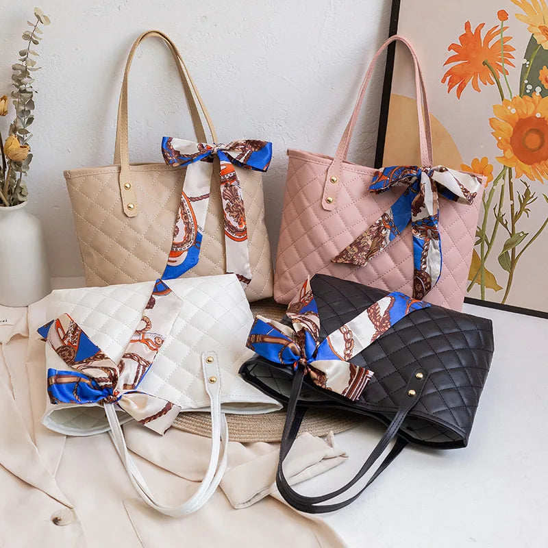 Large Capacity Lingge Embroidery Bag New Trendy Simple Scarf Tote Bag One Shoulder Bucket Bag Bags for Women