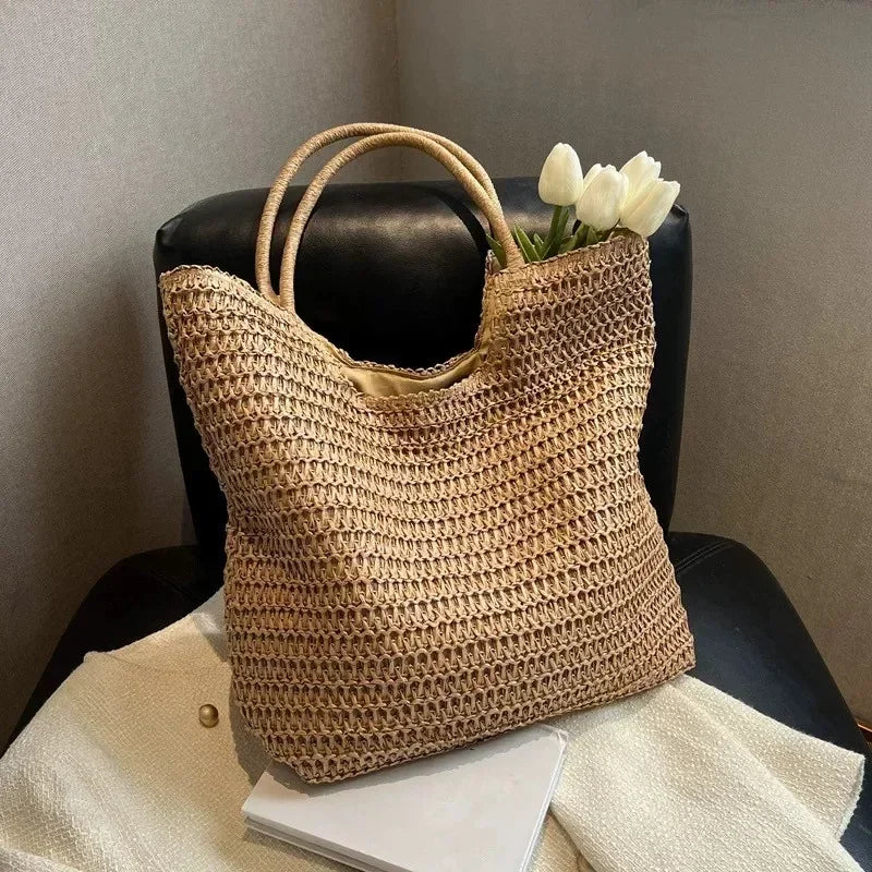 Straw Woven Tote Bag Large Capacity Shoulder Bag Versatile Knit Handbag Storage Bags For Women Stylish Vacation Beach Shopping