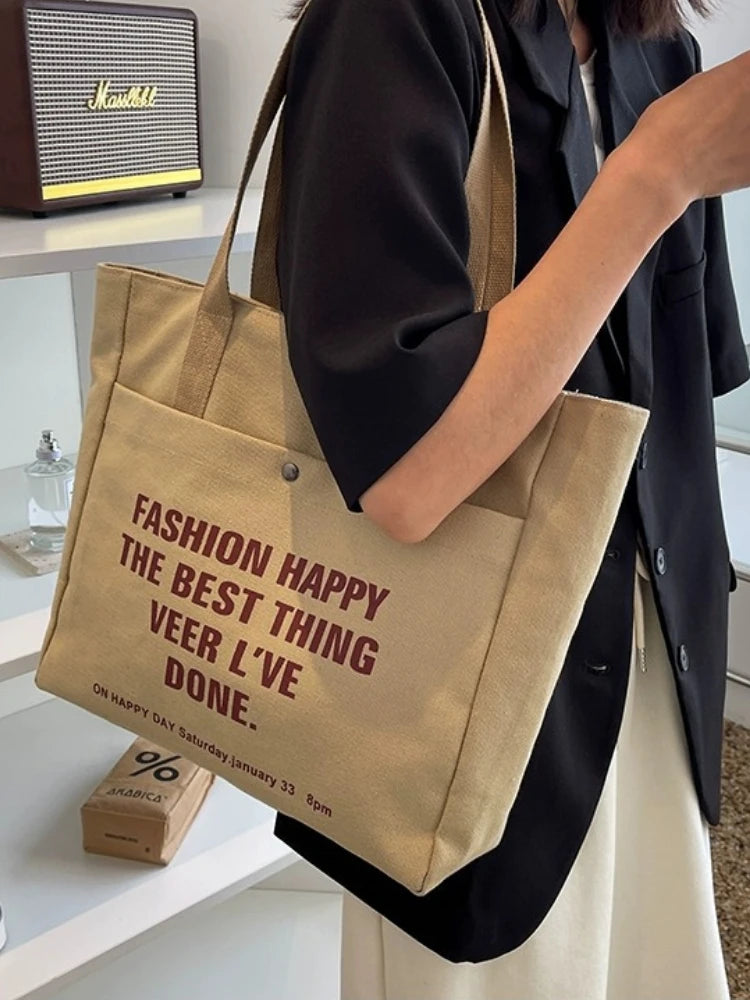 Letter Print Shopping Canvas Bag Large Capacity Casual Lightweight Handbag Women Shoulder Bag, Back To School Campus Schoolbag