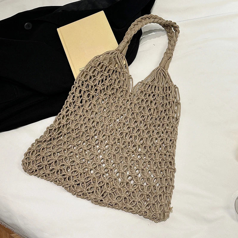 Women Bag Bucket Cotton Beach Bag Bag Casual Hollow Out Solid Soft High-Capacity Shoulder Bag Travel Handbag