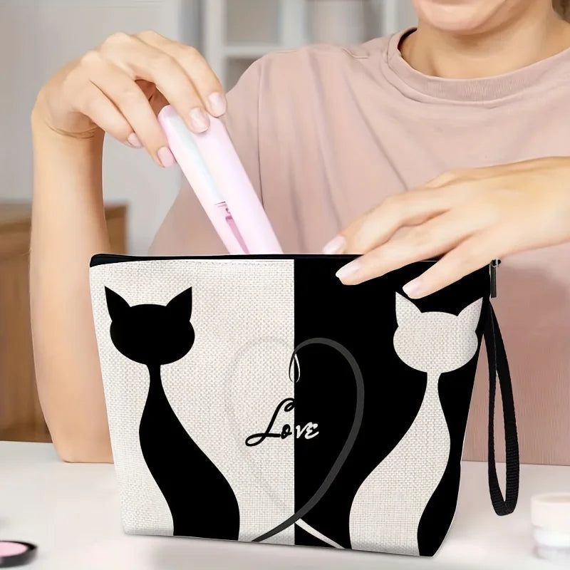 Cat Heart Design Cosmetic Bag, Polyester Storage Wash Makeup Pouch Zippered Travel and Daily Use Organizer Ideal Gift for Women
