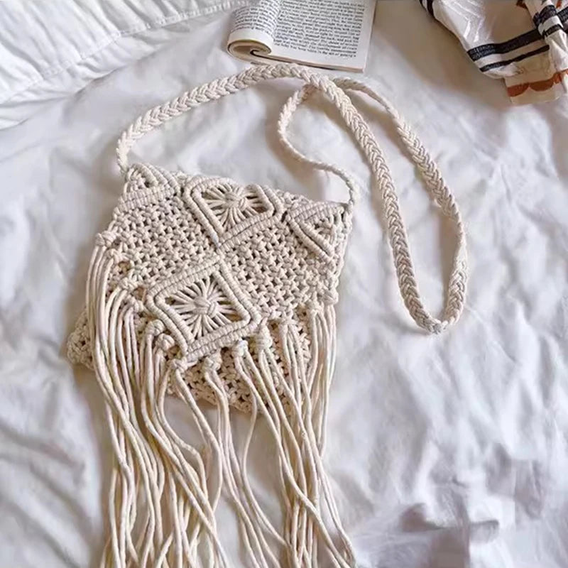 New Casual Handmade Crochet Braid Fringed Bag Women Tassel Knitted Handbag Female Beach Bohemian Shoulder Messenger Bag