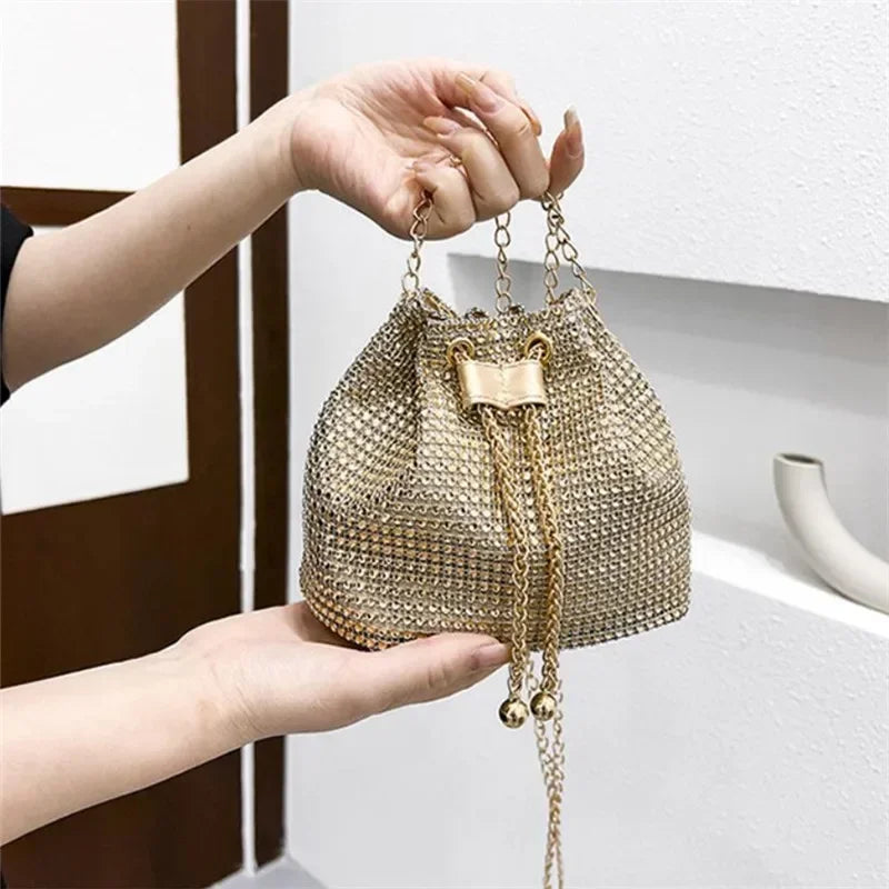 Charming Rhinestone Dinner Bag Sparkling Drawstring Chain Bucket Shoulder Crossbody Bags for Women Daily Christmas Party Banquet